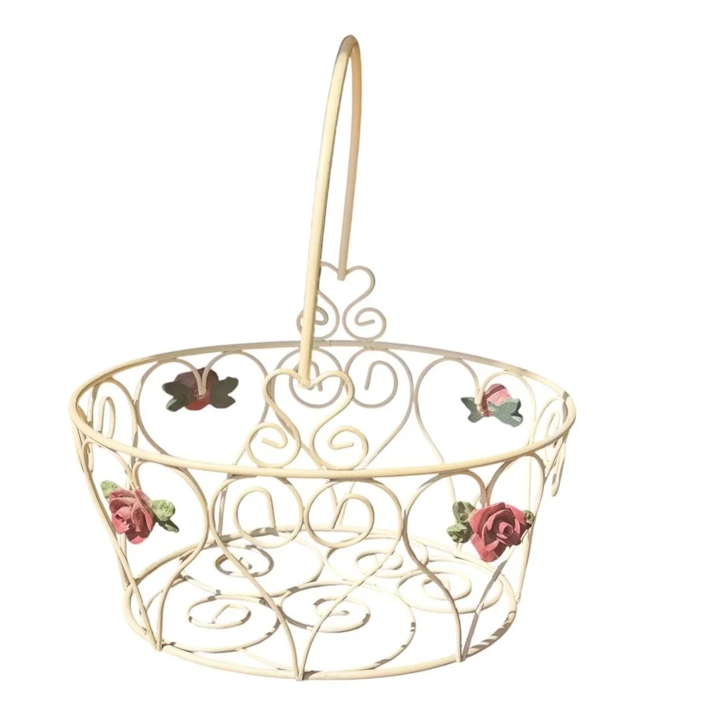 Vintage Style Cream Metal Wire Basket Roses Hearts Shabby Chic Cottage Decor